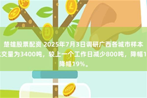 楚雄股票配资 2025年7月3日调研广西各城市样本库成交量为3400吨，较上一个工作日减少800吨，降幅19%。